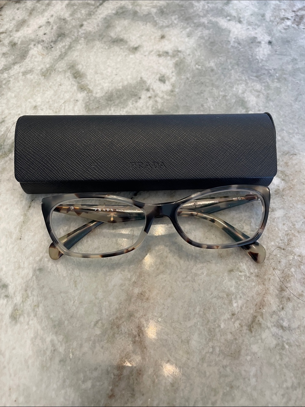 Prada Gray Tortoiseshell Women's Eyeglasses includes case.